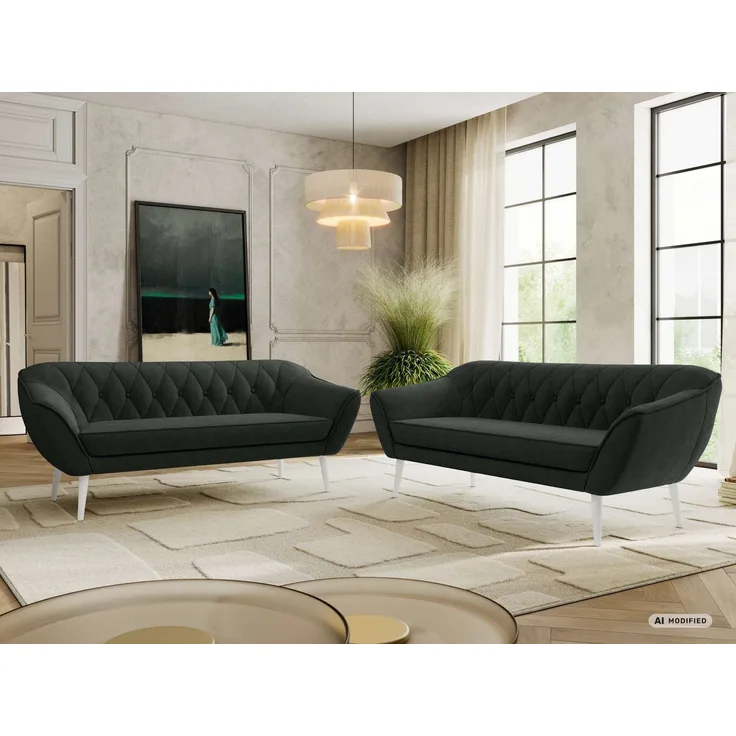 Wohnzimmerset Möbelset PIRS 3-3, Armlehnen, Wellenfederung, weiße Füße, Dreisitzer Sofa, Polstermöbel Set - Dunkelgrau Stukture