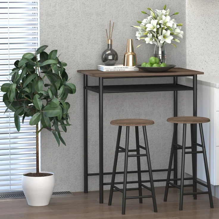 Bargarnitur, 3-teilig, Tisch & 2 Hocker, Regal, Industrie-Design, Schwarz/Eiche--Schwarz--90x50x80cm--YOUDENOVA – Bild 4