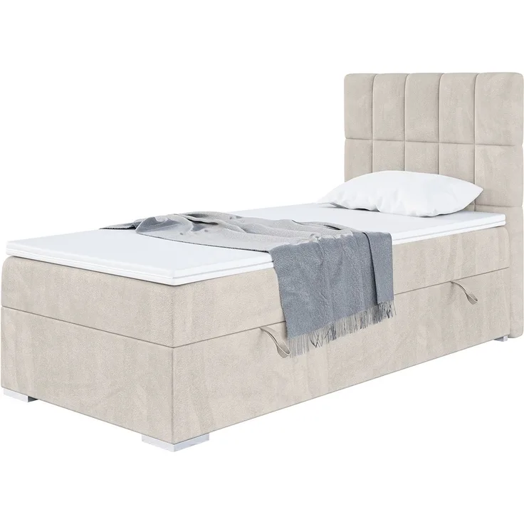 MEBLINI Boxspringbett LUKAS 100x200 cm mit Bettkasten - H3/Beige Samt Gepolstert Einzelbett mit Topper & Taschenfederkern-Matratze - 100x200 Rechts
