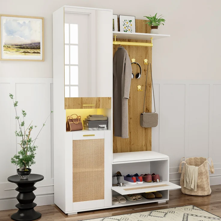 Großer Garderobenschrank mit Spiegel, LED-Beleuchtung 16 Farben, Rattan-Optik Türen, Sitzbank & viel Stauraum für Flur und Eingangsbereich – Bild 2