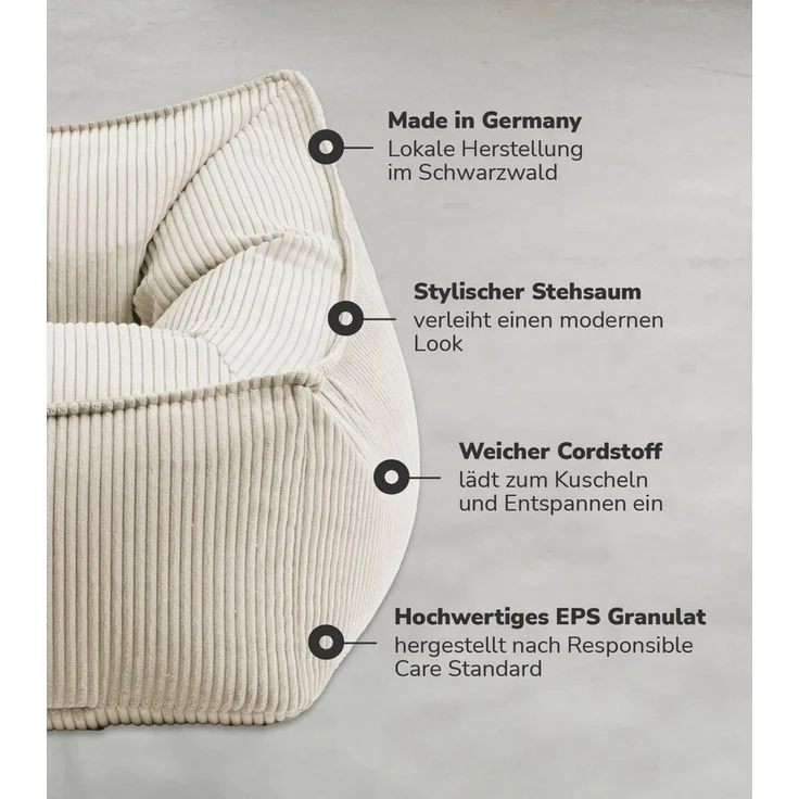 mokebo Sitzsack Sessel aus Cord 'Der Lümmel', XXL Sitzsack, Cord Sessel oder Sitz Sessel für Wohnzimmer und Wintergarten, auch als Riesensitzsack in 95 x 75 x 60 (BxHxT in cm) in Beige – Bild 3