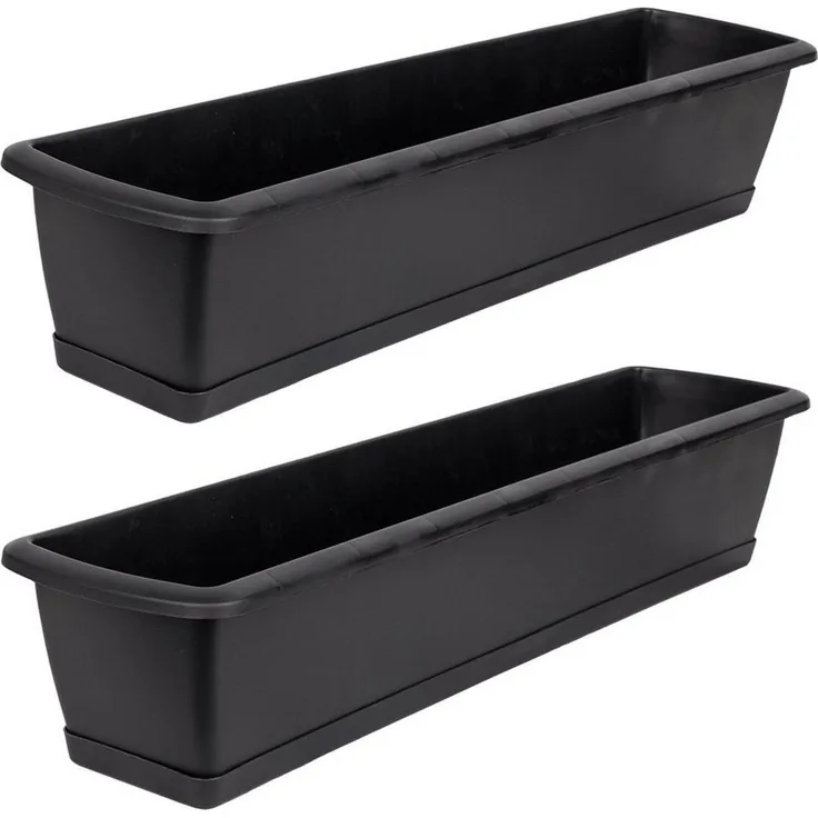 BigDean 2er Set Blumenkasten mit Untersetzer 60 cm lang anthrazit - aus PP-Kunststoff - Balkon Pflanzkasten schmal Balkonkasten