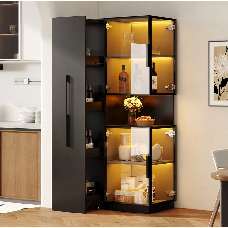 Vitrinenschrank 70 x 38 x 160 cm in Schwarz mit Glasfront, Ausziehregalen und LED-Beleuchtung – Bild 4