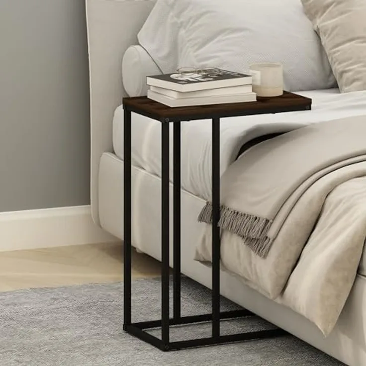 Furinno C-FÖRMIGER Beistelltisch, Metallrahmen-Endtisch, Nachttisch, Nachttisch am Bett, für Wohnzimmer, Schlafzimmer, Columbia Walnut