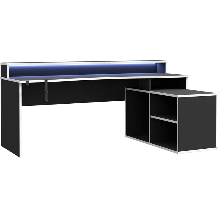 Eckschreibtisch >TEZAUR< LED-Beleuchtung, Ablage, Weiss / Schwarz - 200x91,1x125,4cm (BxHxT) – Bild 3