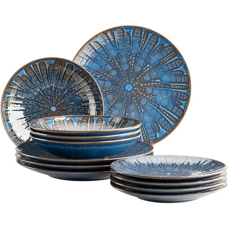 Aufregend lasiertes Teller Set für 4 Personen mit Speiseteller, Suppenteller und Dessertteller, 12-teiliges Tafelservice aus hochwertiger Keramik; Blau