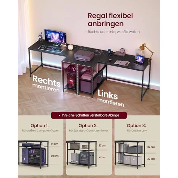 VASAGLE Eckschreibtisch in L-Form, Computertisch mit Stauraum, Bürotisch, höhenverstellbare Ablage, für Homeoffice, mit 2 AC-Steckdosen und 2 USB-Anschlüssen, 120x80 cm, ebenholzschwarz LWD132BE01 – Bild 7
