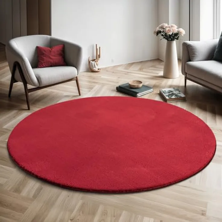the carpet Relax Rund Teppich, Flauschiger Kurzflor, Anti-Rutsch, Waschbar bis 30 Grad, Felloptik, Rot, 120 x 120 cm