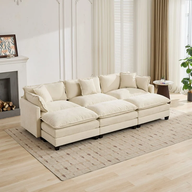 ZUBALIYA Sofa mit LED - Beleuchtung, mit Chenille - Bezug, mit Cordbezug, modular aufgebaut, aus Chenille, Beige – Bild 18