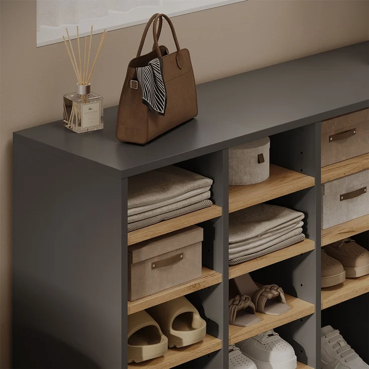 Schuhschrank Lysander Anthrazit/Goldkraft Eiche 104.2 x 65.5 cm mit 18 offenen Fächern Vicco – Bild 4