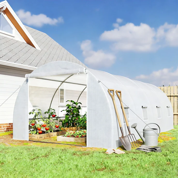 MELAYR, Tunnelgewächshaus, 6 x 3 x 2 m, Terrassengewächshaus mit 8 Fenstern, 140 g/m², Rahmen aus weißem Stahl, Weiß – Bild 3