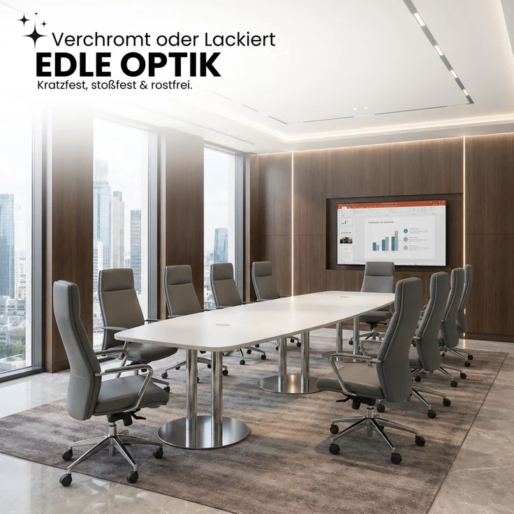 bümö Konferenztisch oval 400x130 cm in weiß, Tischsäulen in Silber - Großer Besprechungstisch, Meetingtisch für 14 Personen, XXL-Tisch für Konferenzraum, Meeting & Besprechungsraum, KT40S-W-S – Bild 2