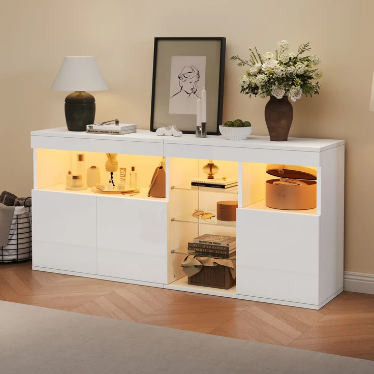 DESVIAE Sideboard mit LED-Beleuchtung und 3 Türen 155,5x72x35 cm Spanplatte Weiß – Bild 2