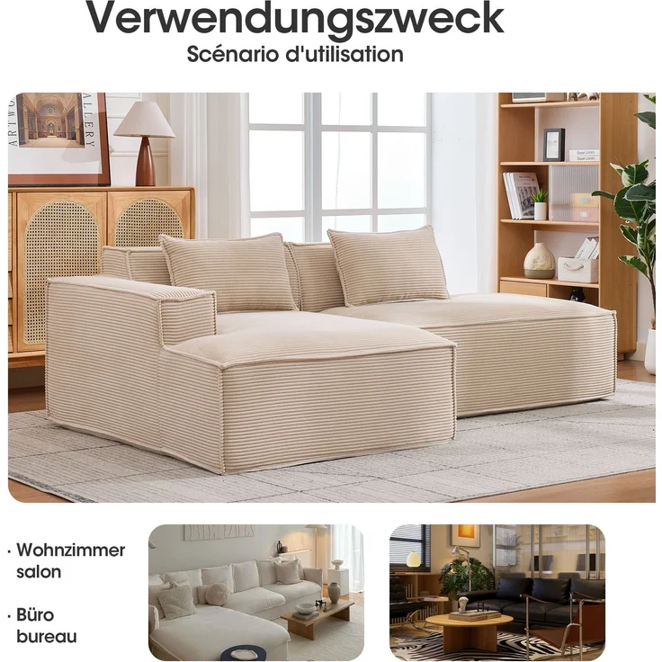 LVHOM Ecksofa 2 Sitzer, Modulares Sofa 235 cm breit, L-Form Sofa mit 2 Kissen, Schlafsofa aus Cordstoff, kein Aufbau erforderlich, Khaki – Bild 7
