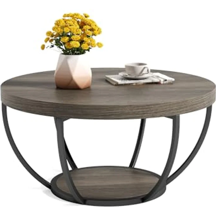 LITTLE TREE Runder Couchtisch, 81,3 cm, runder Couchtisch für Wohnzimmer, Mitteltisch aus Holz mit 2 Ebenen, mit offenem Stauraum, Wohnmöbel im industriellen Design (braun und schwarz) – Bild 1