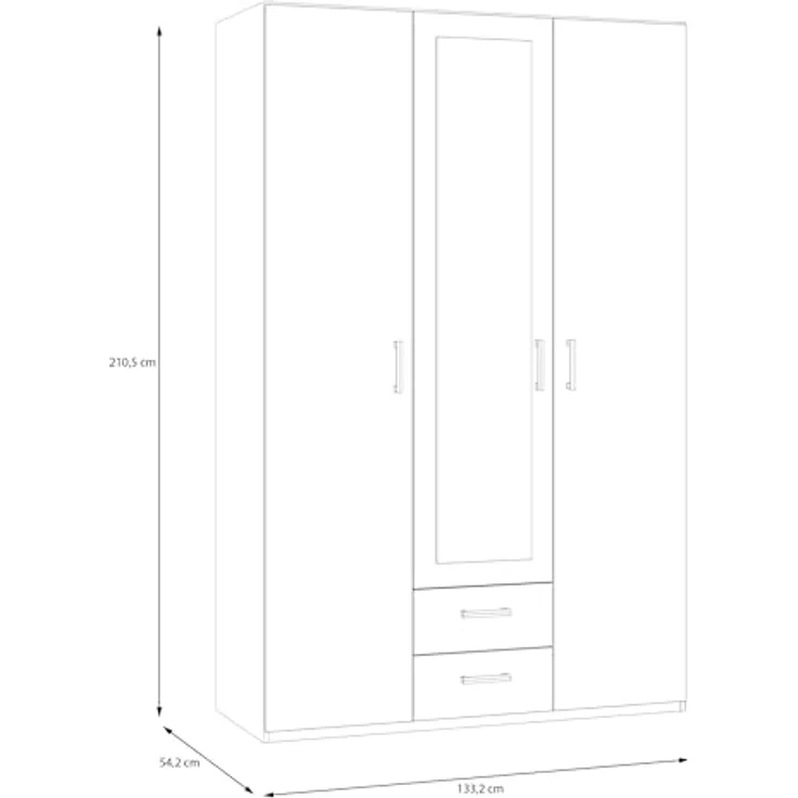 Forte ECONOBOX 2 Kleiderschrank 130 135, 3-türiger Drehtürenschrank mit Spiegel und 2 Schubladen, Holzwerkstoff, Mauvella Eiche Dekor, 133,2 cm breit, 210,5 cm hoch, 54,2 cm tief – Bild 3