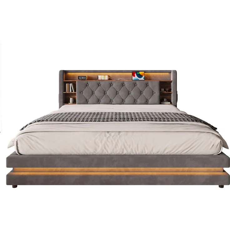 TavilaEcon Boxspringbett Samtbett, Polsterbett mit LED-Beleuchtung & USB-Ladefunktion grau Liegefläche 180 × 200 cm – Bild 9