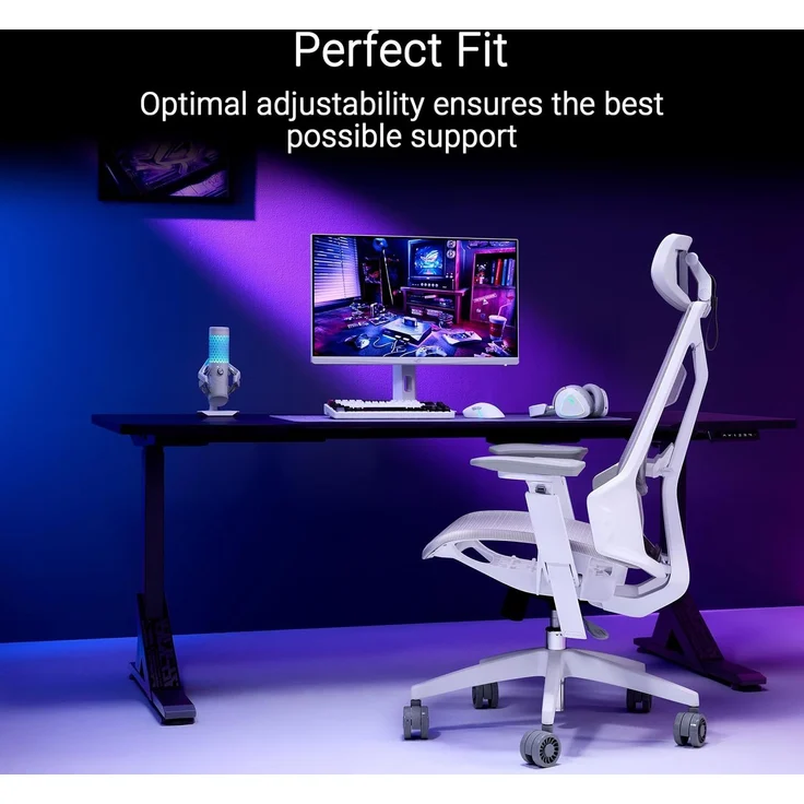 ASUS ROG Destrier Ergo Core White Gaming Stuhl (ergonomischer Gaming Chair, 360 Grad Armstützen mit bis zu 14cm Höhe für Mobile Gaming, Nylonrahmen, Mesh, Lendenwirbelstütze und Kopfstütze, Weiß) – Bild 3