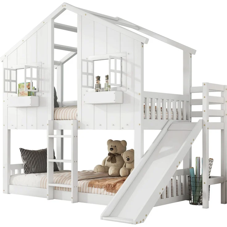Merax Etagenbett, Kinderbett, Mit Kinderrutsche, Mit Dach und Fenster, mit Fallschutzgitter, mit dreistufiger Leiter, Kiefer+MDF, Weiß, 90x200cm – Bild 10