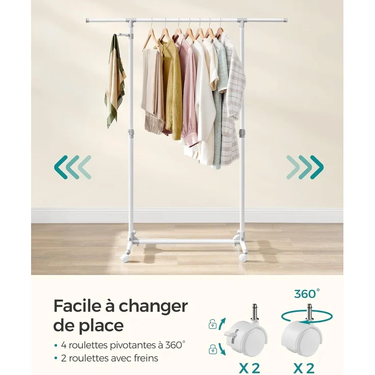 SONGMICS Kleiderständer auf Rollen, Kleiderstange, höhenverstellbar zwischen 97 und 165 cm, ausziehbare Garderobenstange, Garderobenständer, seitliche Haken für Accessoires, weiß LLR001W01 – Bild 6