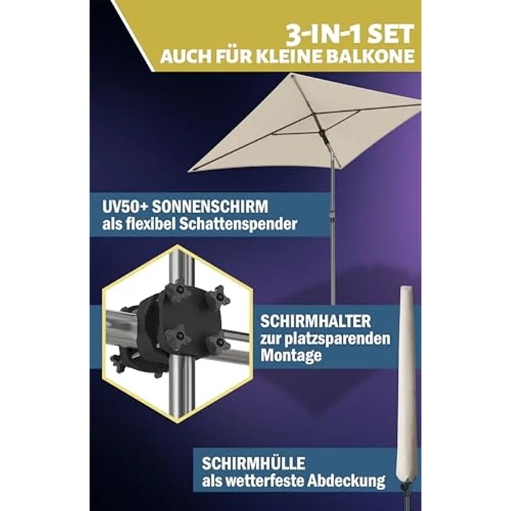 Menz Sonnenschirm Balkon - 3-IN-1 Sonnenschutz Balkon SET in Beige, UPF 50+ Sonnenschirm rechteckig 200x125 cm + stabiler Sonnenschirmhalter Balkongeländer + Sonnenschirmhülle – Bild 6