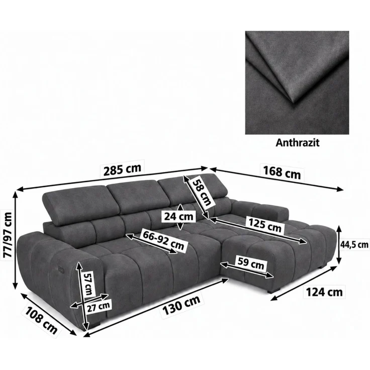 Ecksofa Schlafsofa VELUNIO RELAX in Stoff Salvador Anthrazit Ottomane Links – Bild 6