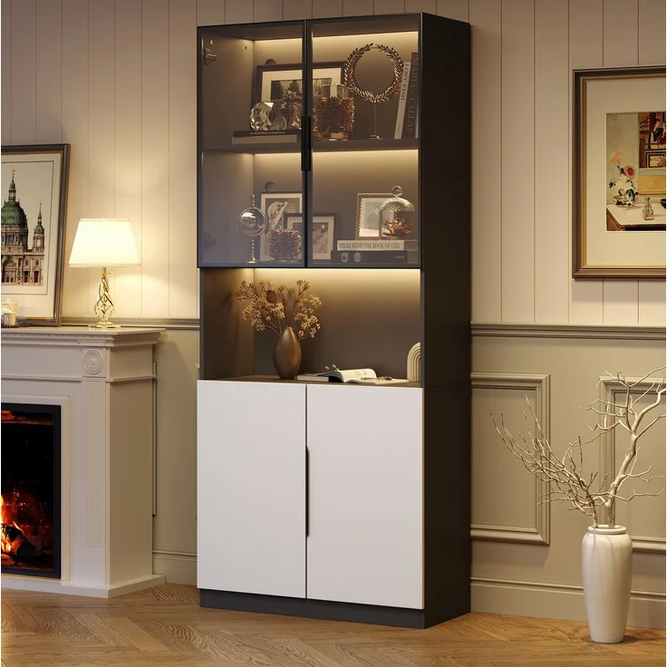 DESVIAE Vitrine mit LED-Beleuchtung und Glastüren, 80x200x30 cm, Spanplatte, Weiß/Schwarz – Bild 1