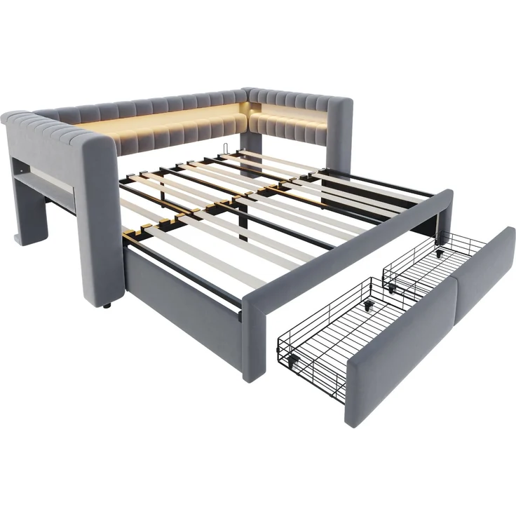 Ausziehbett 90/180×190 cm mit Bettkasten, LED, USB-Anschluss, Grau, ohne Matratze – Bild 8