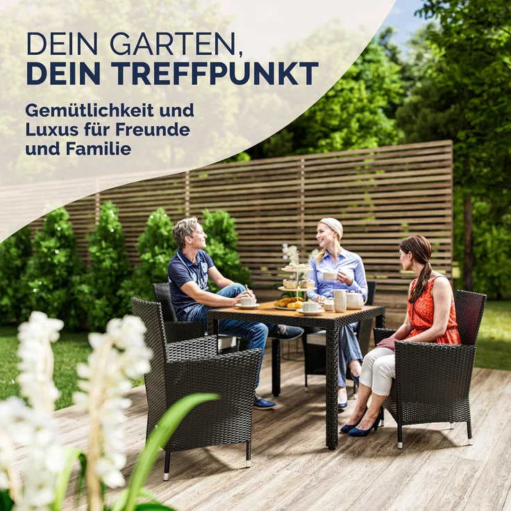 Casaria Garten-Essgruppe, (5-tlg), Polyrattan 4 Personen Auflagen Stühle Stapelbar Akazie Holz Wetterfest – Bild 8