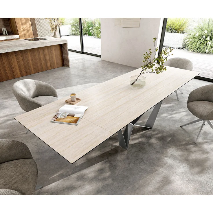 Esstisch Edge 200-300x100 Keramik Laminam® Travertino Bianco Creme-Weiß Spider Flachstahl Edelstahl ausziehbar – Bild 4