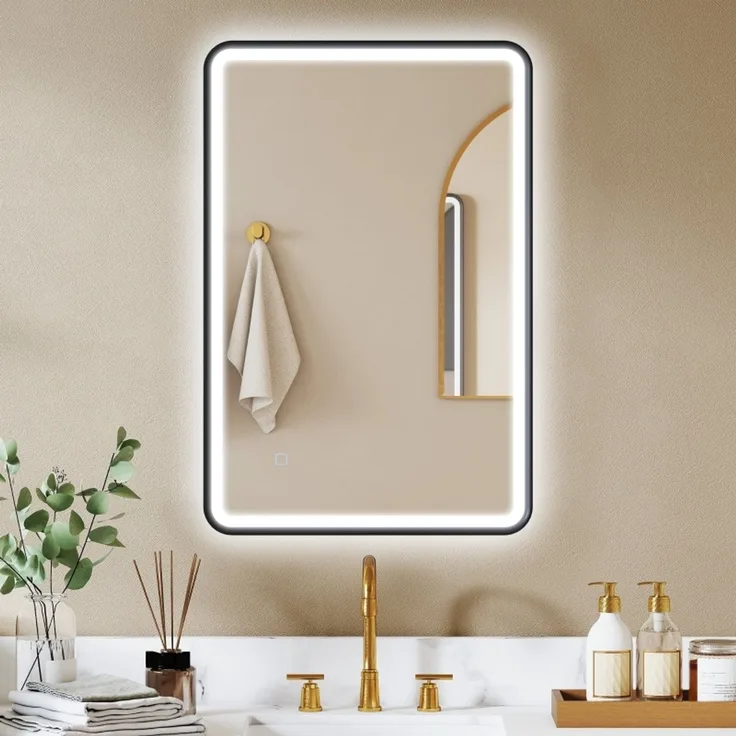 LED-Badspiegel 90 x 60 x 4 cm aus gehärtetem Glas mit schwarzem Aluminiumrahmen, dimmbar