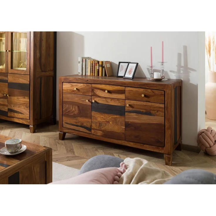 Sideboard Sheesham 140 x 45 x 80 dunkelbraun lackiert ANCONA #222 – Bild 3