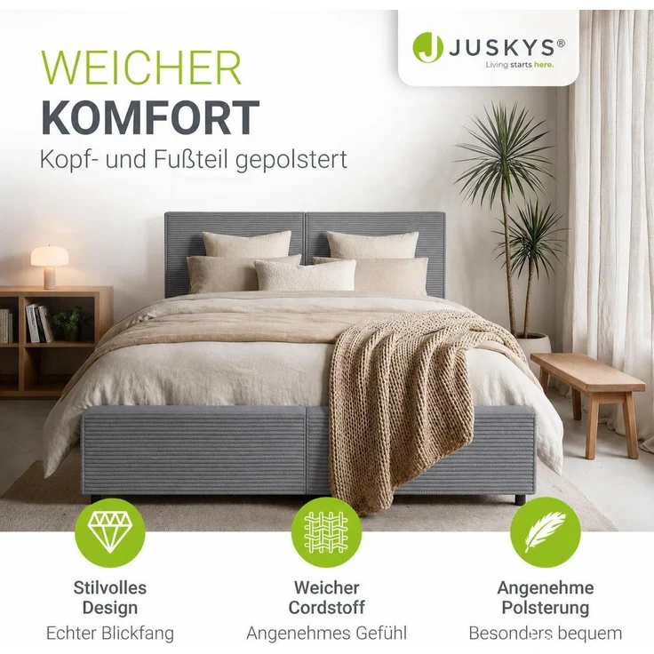 Juskys Polsterbett Salerno 140 x 200 cm – Cord Grau, modernes Bett mit Kopf- & Fußteil, stabilem Holz- & Metallrahmen, Lattenrost, 500 kg Tragkraft – Bild 2
