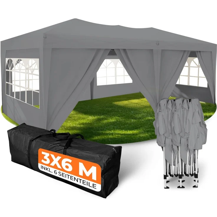 Kronenburg Faltpavillon wasserdicht Pavillon mit 6 Seitenteilen, Gartenzelt, 3x6 m - mit UV Schutz 50+, Grau – Bild 1
