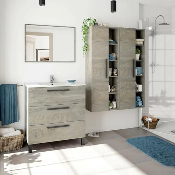Dmora - Säulenschrank LosAngeles, 1-türiger Badezimmerschrank, Hängewandschrank mit 5 Regalen, 51x25h135 cm, Eiche – Bild 4