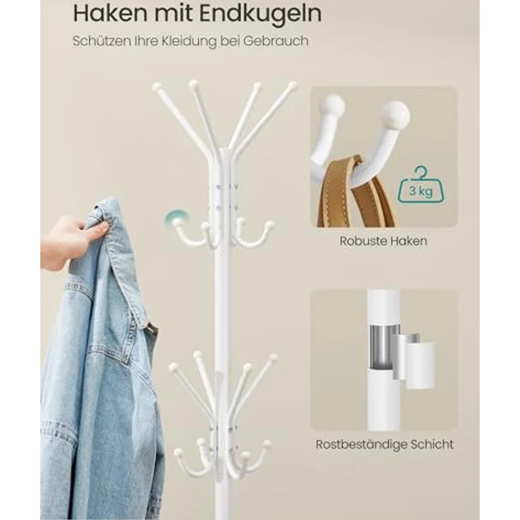SONGMICS Kleiderständer, Garderobenständer aus Metall, Garderobe, für Kleidung, Taschen und Hüte, Höhe 175 cm, mit 16 Haken, Eingangsbereich, Wohnzimmer, Schlafzimmer, wolkenweiß RCR081WC01 – Bild 4