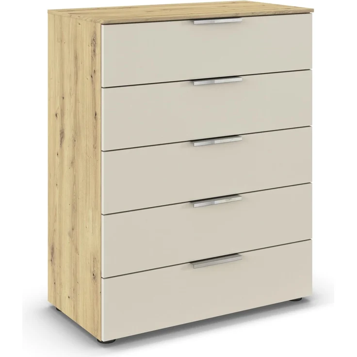 Rauch Möbel Flipp, Kommode für Schlafzimmer, Kinderzimmer, Wohnzimmer, Jugendzimmer, Flur, Garderobe, 5 Schubladen, mit Softclose Funktion, Farbe Eiche Artisan, Holz/Beige, Breite 80 cm