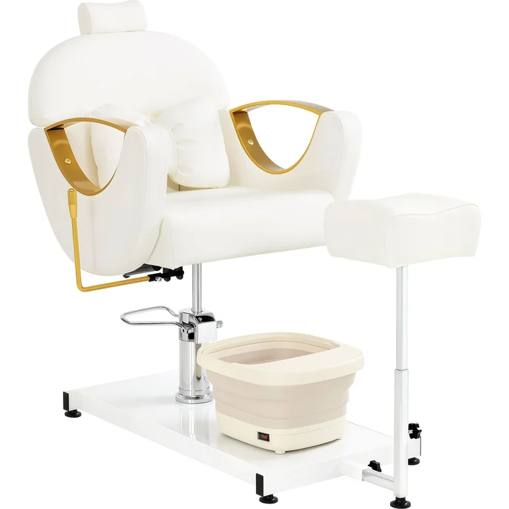 BarberPub Pediküre Stuhl mit Fußbadewanne & Pediküre Hocker, Friseurstuhl mit Goldlackierten Armlehnen, Höhenverstellbar & Kippbar, Fußpflegestuhl für Nagelstudio F0325 (Gold-Weiß) – Bild 1