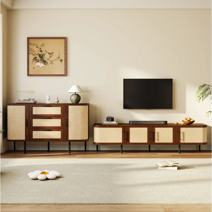 Wohnwand-Set mit TV-Lowboard 180x40x45 cm und Sideboard 120x40x82 cm – Geflechtoptik und Stauraum – Bild 1