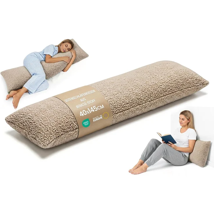 Seitenschläferkissen 40x145 cm ergonomisch Bouclé mit abnehmbarem Bezug | stützt Wirbelsäule Hüfte und Rücken Schlafkissen für Seitenschläfer und Rückenschläfer hautfreundlich pflegeleicht – Beige