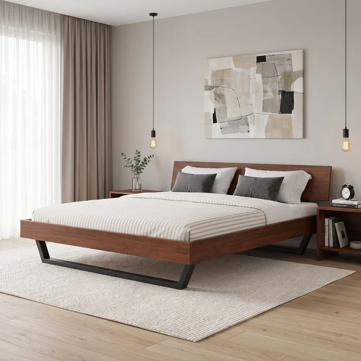 skølm 'Alver' Bett 180x200 cm, Bettgestell, natur geölt, Massivholzbett aus Eiche mit Metallkufen, Walnuss Optik, Bettkopf 1 Strebe – Bild 8