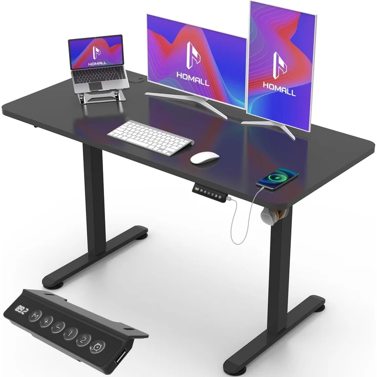 Homall Höhenverstellbarer Schreibtisch 120x60cm mit USB-Anschluss,Schwarz | Höhe verstellbar 73-118 cm, Memory-Funktion mit 2 Höhen,1 Haken, Bürotisch