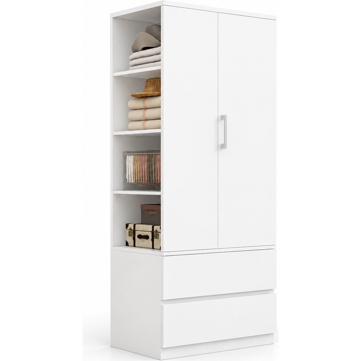 Kleiderschrank 70 x 50 x 175 cm in Weiß mit Kleiderstange, offenen Fächern und 2 Schubladen – Bild 7