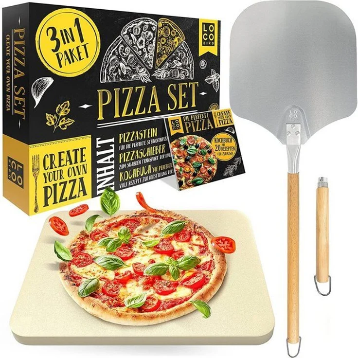 Loco Bird Pizzastein für Backofen & Gasgrill, rechteckig aus Cordierit, Cordierit, (Set, 3-St, inkl. Pizzaschieber und Rezeptbuch), für eine Pizza wie in Italien: authentischer Geschmack für Zuhause – Bild 4