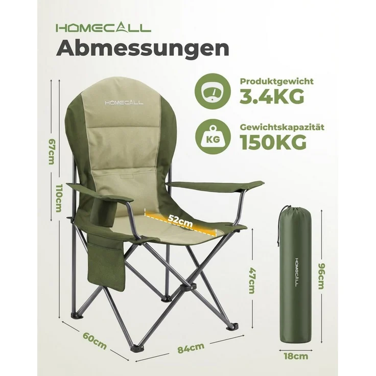 HOMECALL Campingstuhl Hochlehner 110cm mit Lendenwirbelstütze Klappstuhl Angelstuhl Faltbar (Bis 150kg, gepolstert, faltbar, stabil, 2 St), für Camp Garten Balkon – Bild 2