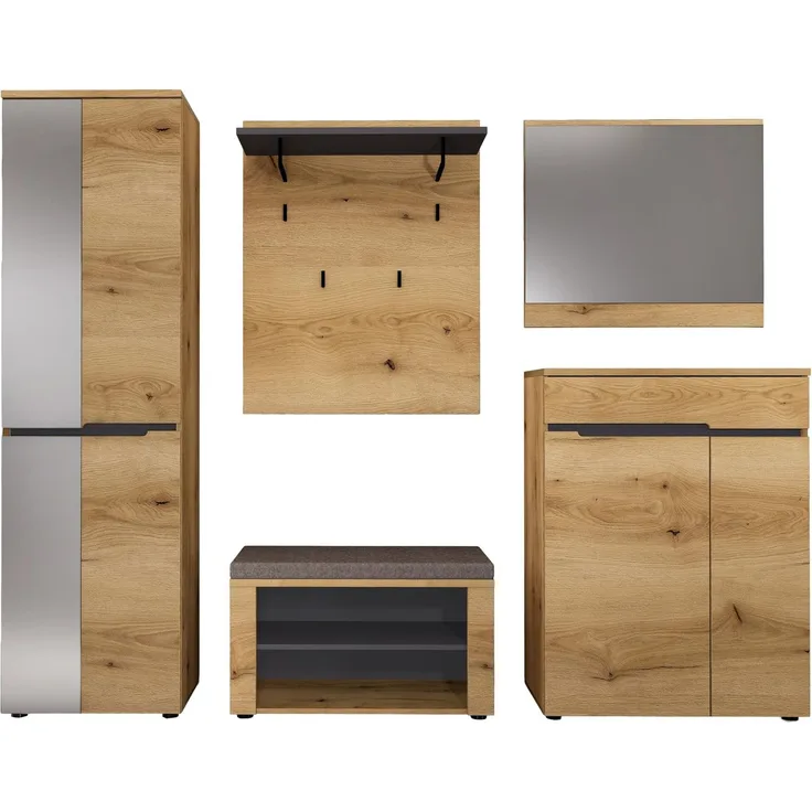 Fargo Garderoben-Kombination Set – bestehend aus Garderobenschrank mit Spiegeltür, Schuhschrank, Garderobenpaneel, Spiegel und Bank – FSC-Zertifiziert – Moderner Flurblock