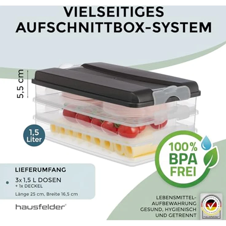 Hausfelder Frischhaltedose Aufschnittdosen 4-teiliges Set (3 x flach + Deckel), Kunststoff, (Set, 4-tlg, 3 x flach + 1 x Deckel), Kühlschrank Organizer, BPA-frei, stapelbar – Bild 4