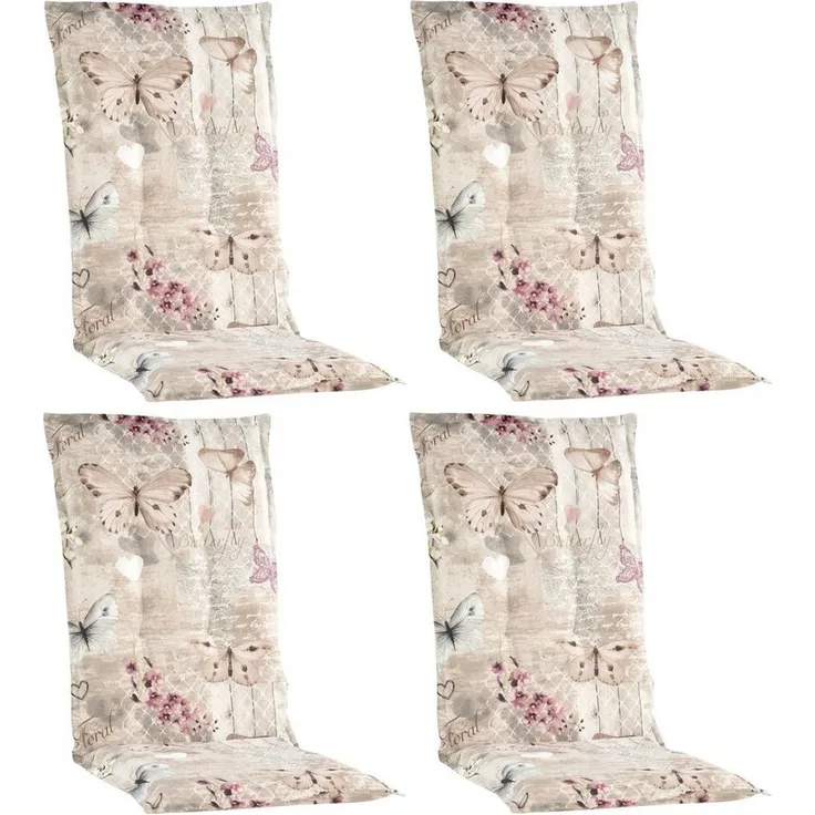 GO-DE Hochlehnerauflage BUTTERFLY, B 50 x L 120 cm, Beige, Rosa, 4er Set, (Set, 4 St), Gartenstuhlauflagen für Hochlehnstühle
