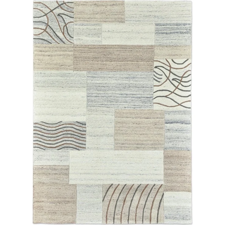 THEKO Wollteppich Royal Natur 4028, rechteckig, Höhe: 14 mm, reine Wolle, handgetuftet, Naturtöne, Patchworkdesign, meliert – Bild 1