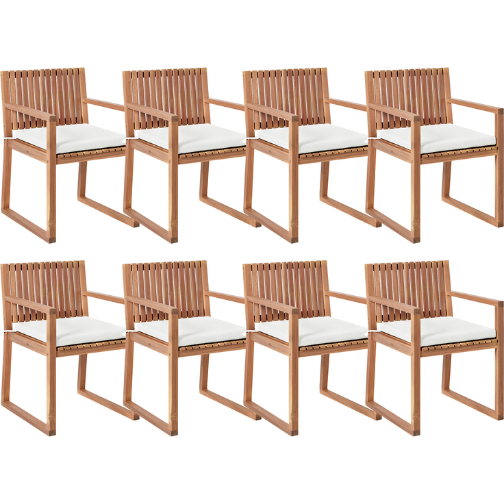 Beliani 'SASSARI II' Set mit 8 Stühlen und Sitzkissen, Akazienholz Heller Holzfarbton / Cremeweiß